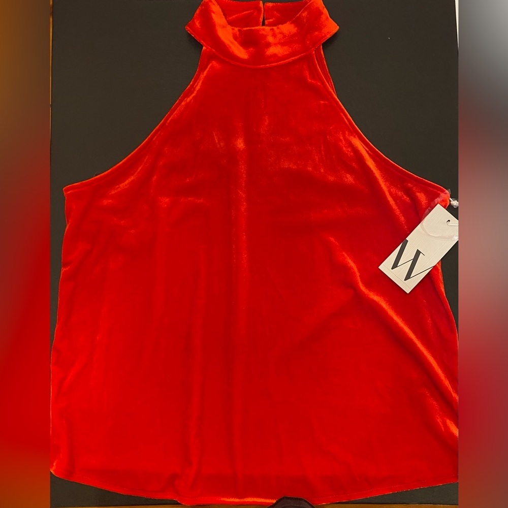 Worthington Red Velvet Halter Top Mock Neck Keyhole Blouse Petite Small NWT